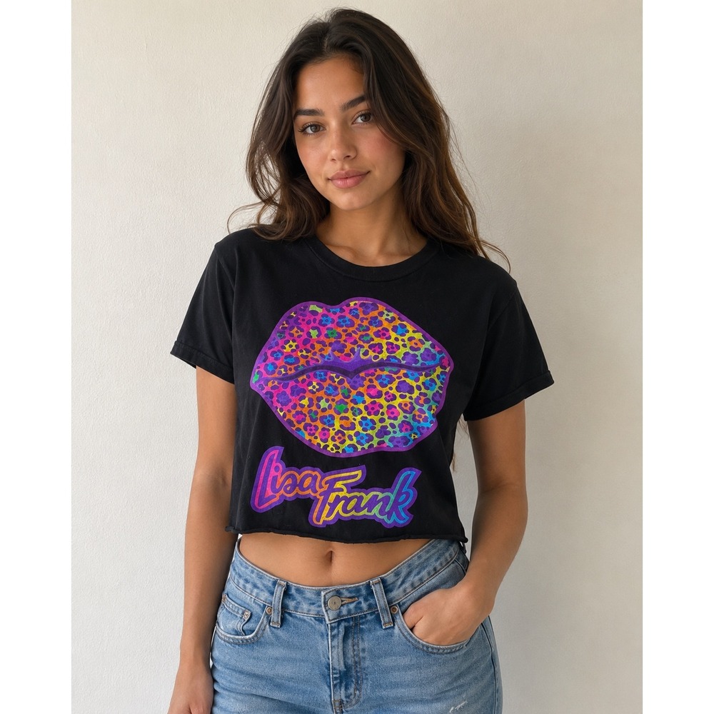 Lisa Frank graphic cropped tee with raw-cut hem 90s Y2K black rainbow lips